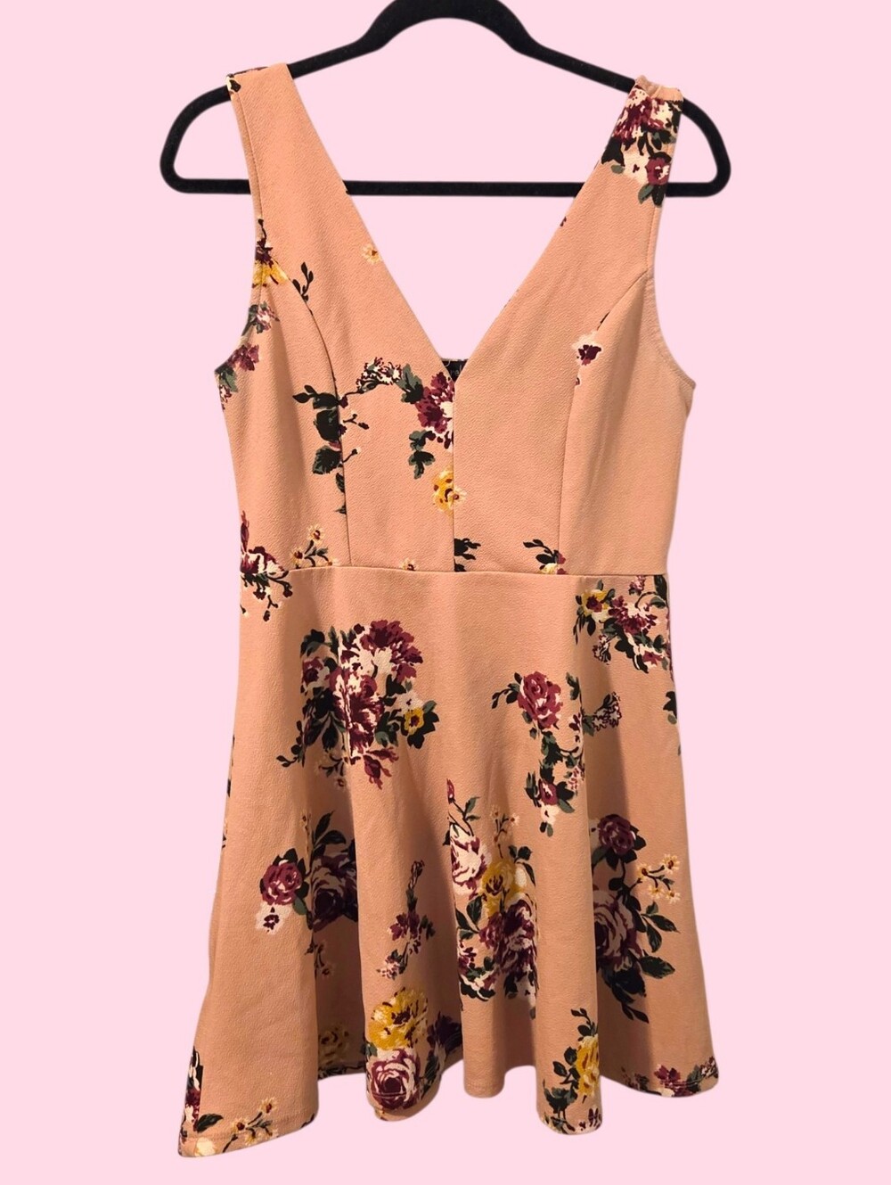 Derek Heart Pink Floral V-Neck Fit-and-Flare Mini Dress